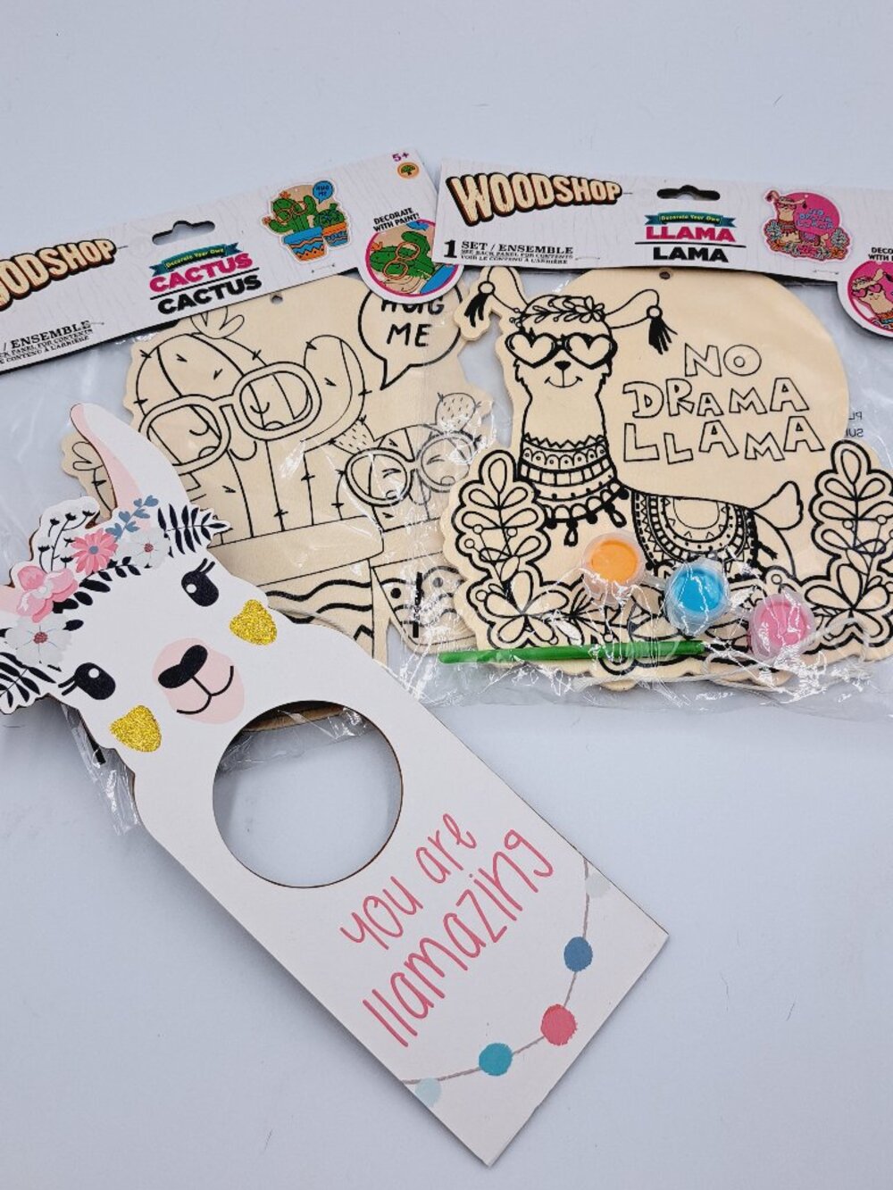 Summer Fun Kids Arts & Craft Cactus and Llama Woodpainting Kits With Doorhanger